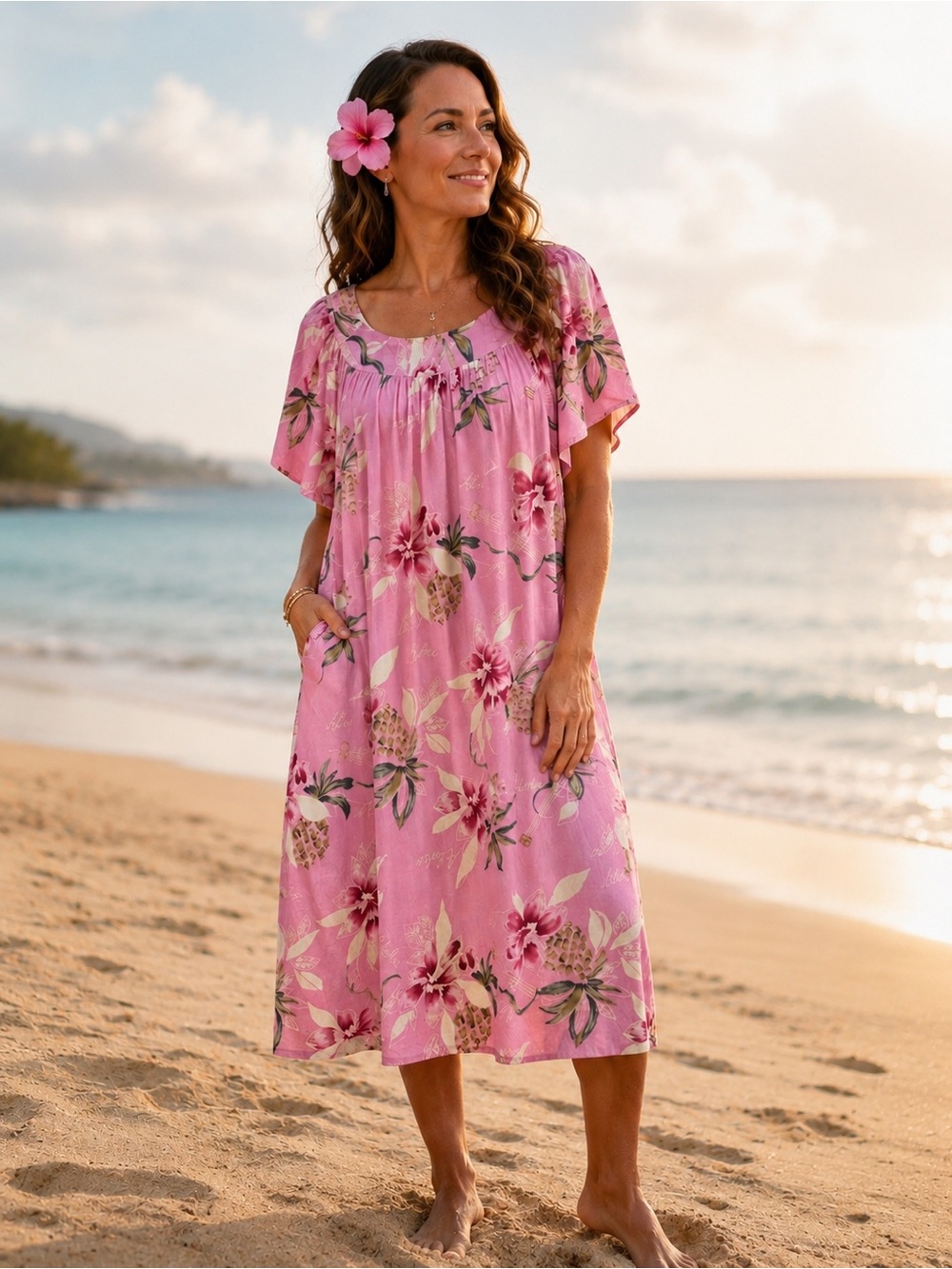 Hilo Hattie Hawaiian Muu Muu Dress Pink Hibiscus Pineapple Ukulele Size 2XL